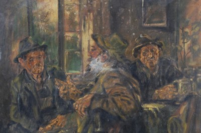 Lot 1224 - German Expressionist School, oil on canvas, Men in a Tavern, indistinctly signed, 58 x 79cm