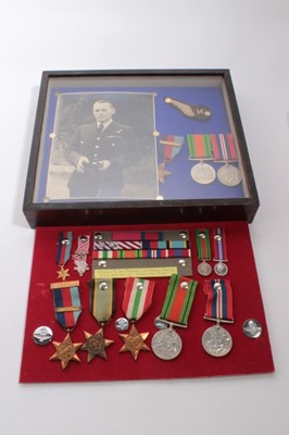 Lot 677 - Group of Second World War medals comprising 1939 - 1945 Star with Battle of Britain clasp (replica), Defence and War medals (mounted in glazed case), together with a selection of the awards to Air...