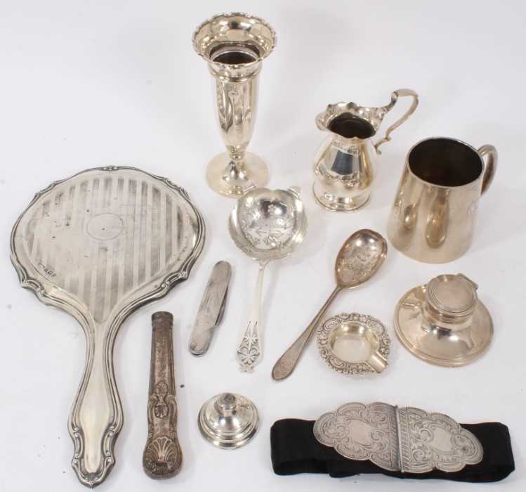 Lot 264 - Group of miscellaneous silver items to include nurse's buckle, christening mug and other items