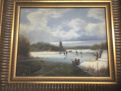 Lot 135 - P. Rush, 20th century, oil on panel - Dutch winter landscape with figures on a frozen lake, signed, in gilt frame
