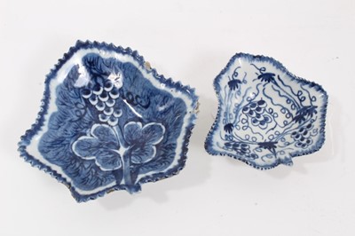 Lot 205 - Two 18th century Bow blue and white leaf-shaped pickle dishes