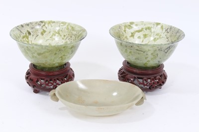 Lot 833 - Chinese carved celedon jade dish, together with a pair of carved jade or hardstone bowls