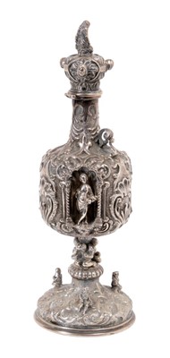 Lot 486 - Late 18th/Early 19th century Continental silver Holy Water container of baluster form, with embossed panels containing Holy figures, against a decorative scroll and floral background, on a similarl...