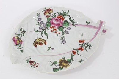 Lot 207 - Pair of Worcester cabbage leaf dishes, c.1760-65, painted in the Rogers style with floral sprays, 26cm across