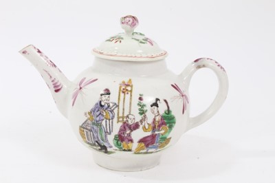 Lot 208 - Bow teapot, c.1758-60, with polychrome printed and painted chinoiserie decoration, with a Worcester cover, 13cm high