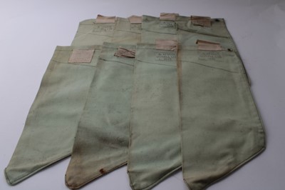 Lot 698 - Eight Second World War British military canvas webbing water filter bag, stamped with broad arrow and AF0005, Baynell Ltd, 1945 (8)
