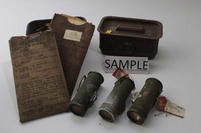 Lot 699 - Second World War Aldis Signalling lamp with Air Ministry mark, mess tins, Anti-gas eyeshields and Second World War Torches (1 box)