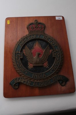 Lot 706 - Large cast metal 'Squadron Crest' for the Aircraft Depot, India, mounted on mahogany plaque, 43.5 x 34.5cm