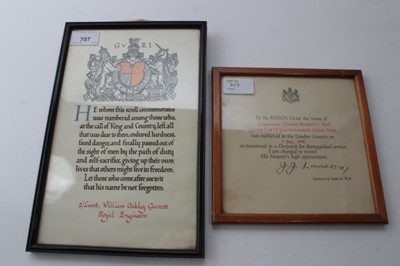 Lot 707 - First World War memorial scroll named to 2/Lieut. William Oakley Garrett, Royal Engineers, mounted in glazed frame, together with a mentioned in despatches citation named to Lieutenant (Quarter - M...