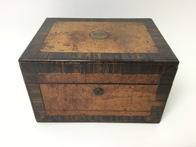 Lot 838 - Early Victorian burr cedar and coromandel jewellery box, with hinged cover enclosing fabric lined fitted interior, with push button release drawer below, 30cm wide