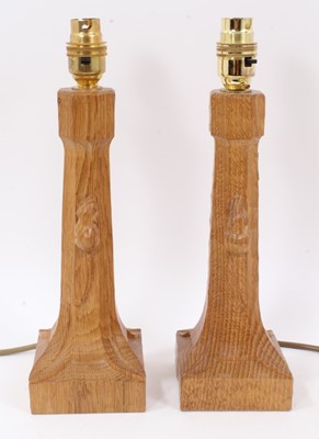 Lot 846 - Pair of Robert 'Mouseman' Thompson carved oak table lamps