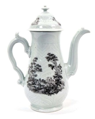 Lot 220 - Worcester feather-moulded coffee pot and cover, c.1756-58, printed by Robert Hancock with The Tea Party, 23cm high