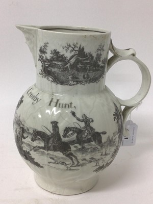 Lot 221 - Rare Worcester cabbage-leaf jug, c.1770, printed by Robert Hancock with a hunting scene and inscribed 'Success to the Crosby Hunt'