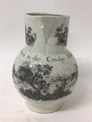 Lot 221 - Rare Worcester cabbage-leaf jug, c.1770, printed by Robert Hancock with a hunting scene and inscribed 'Success to the Crosby Hunt'