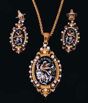 Lot 521 - 19th century gold enamel, diamond and seed pearl pendant/brooch and earrings, each with an oval black enamel plaque with polychrome floral scrolls, applied gold and opalescent enamel exotic bird, t...