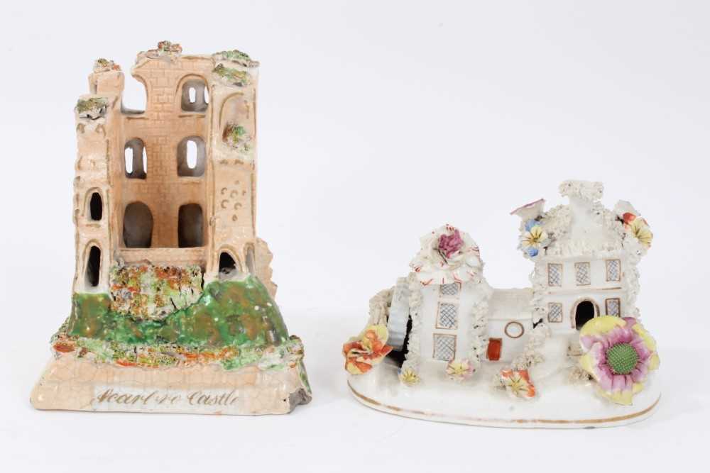 Lot 226 - Unusual Staffordshire porcelain pastille burner in the form of a water mill, c.1840, and another in the form of castle ruins (2)