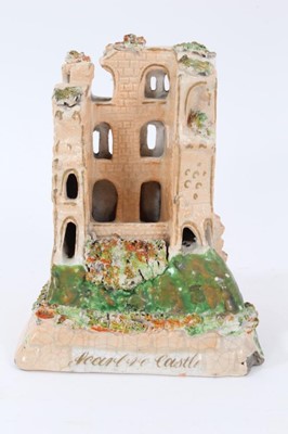 Lot 226 - Unusual Staffordshire porcelain pastille burner in the form of a water mill, c.1840, and another in the form of castle ruins (2)