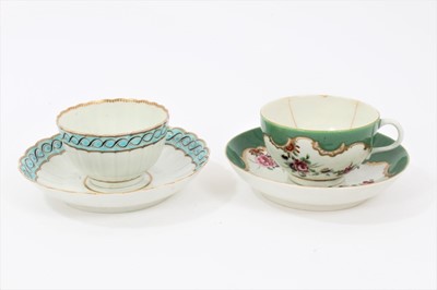 Lot 227 - Worcester green ground cup and saucer, circa 1772, and a Worcester turquoise bordered tea bowl and saucer (4)