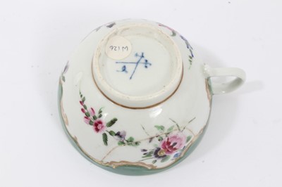 Lot 227 - Worcester green ground cup and saucer, circa 1772, and a Worcester turquoise bordered tea bowl and saucer (4)