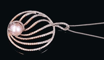 Lot 535 - Diamond and cultured pearl pendant, the circular diamond openwork plaque with undulating scrolls with pavé set brilliant cut diamonds and a pale pink 11mm cultured pearl, in 18ct rose gold answer w...