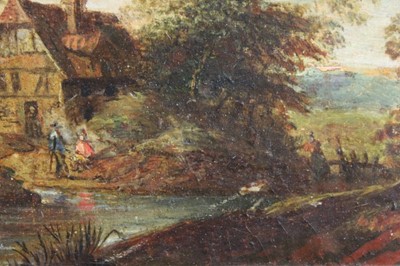 Lot 41 - Nasmyth, 19th century, oil on board - figures before a country cottage, indistinctly signed, 14.5cm x 19.5cm, in gilt frame