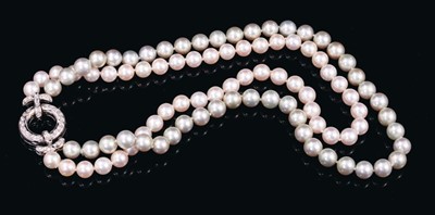 Lot 543 - Cultured pearl two strand necklace with two strings of cultured pearl of grey and pale pink tones measuring approximately 8.5mm diameter on an 18ct white gold and diamond clasp. Length approximatel...