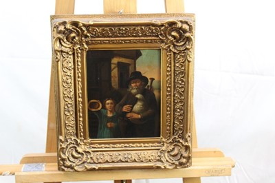 Lot 88 - Pair 19th century Continental School oils on tin panels - a piper and figures in an interior, 20cm x 16cm, in gilt frames