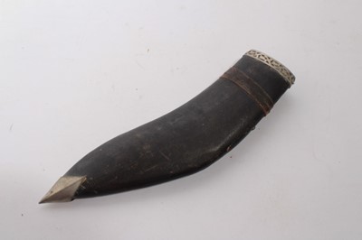 Lot 880 - Old Gurkha Kukri with wooden grip, the blade stamped India, in leather covered sheath, together with an old Tribal knife (2)