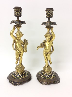 Lot 985 - Pair 19th century French ormolu and champlevé enamel candlesticks