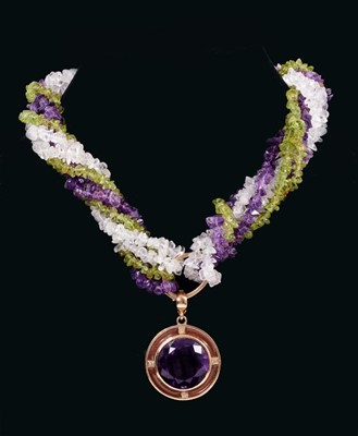 Lot 548 - Amethyst, peridot and crystal bead three strand torsade necklace suspending a large amethyst pendant in a gold, diamond and enamel setting. Pendant measures approximately 33mm.