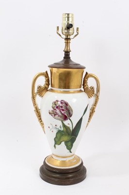 Lot 240 - Paris porcelain twin-handled vase, c.1820-30, painted with a tulip, now converted to a lamp, total height 46cm
