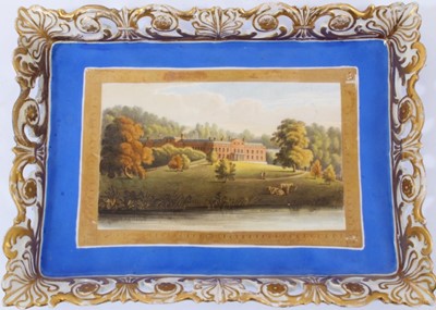 Lot 242 - Chamberlain's Worcester card tray, c.1820, painted with a view of Walcot, the seat of Earl Powis, on a gilt and blue ground, 23.5cm x 17cm