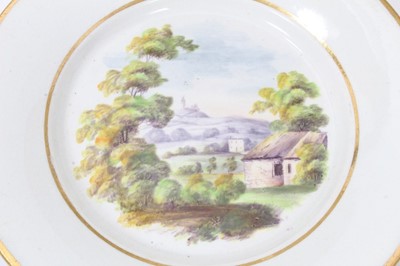 Lot 244 - Set of six pearlware plates and two dessert dishes c.1800, decorated with rural scenes and gilt borders 
  
Provenance: The Oprah Winfrey Collection