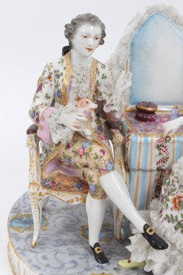 Lot 245 - Large continental porcelain group, depicting ladies and gentlemen at a dressing table, in the rococo style, mark to base, 23.5cm high x 31cm across