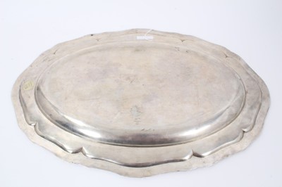 Lot 39 - Late 19th Century German Silver Meat Dish, from the Royal Prussian Collection, of oval form with ribbon-bound reeded border, cast and chased at intervals with fruiting vines. Engraved with WR monog...