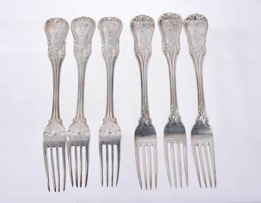 Lot 40 - Six Early 19th Century German Silver Dinner Forks, modified Kings pattern with fluted stems, from the Royal Prussian Collection. Each engraved with the Order of the Black Eagle surmounted by the Ro...