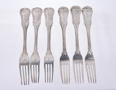 Lot 40 - Six Early 19th Century German Silver Dinner Forks, modified Kings pattern with fluted stems, from the Royal Prussian Collection. Each engraved with the Order of the Black Eagle surmounted by the Ro...