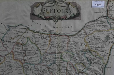 Lot 1076 - Robert Morden, hand coloured engraved map of Suffolk, 38cm x 44cm, in glazed frame