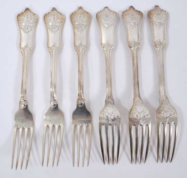 Lot 44 - Six Late 19th/early 20th Century German Silver Dinner Forks, Rococo pattern from the Royal Prussian Collection, each piece cast and chased on one side with the Royal Prussian Eagle and reverse with...