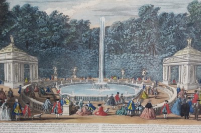 Lot 1078 - 18th hand coloured engraving, Palace of Marli, another depicting The Fountain of Domes at Versailles, another similar, A View of Erith, looking up the Thames and a four view of Broadwater, Paterdal...