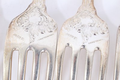 Lot 45 - Six Late 19th/early 20th Century German Silver Dinner Forks, Rococo pattern, from the Royal Prussian Collection, each piece cast and chased on one side with the Royal Prussian Eagle and reverse wit...