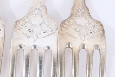 Lot 45 - Six Late 19th/early 20th Century German Silver Dinner Forks, Rococo pattern, from the Royal Prussian Collection, each piece cast and chased on one side with the Royal Prussian Eagle and reverse wit...