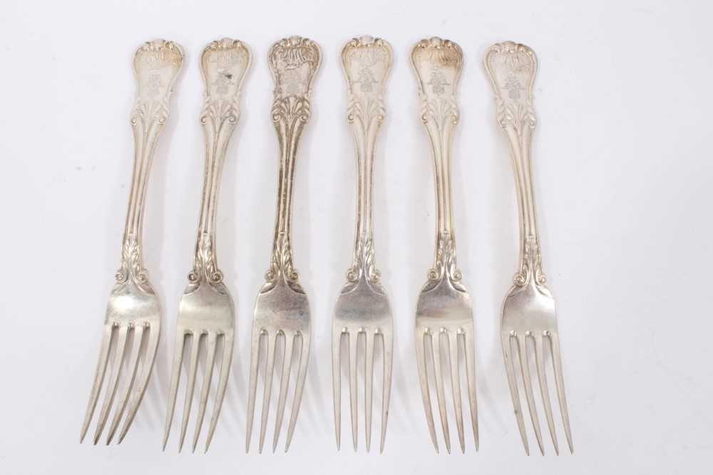 Lot 47 - Six Late 19th/early 20th Century German Silver Dinner Forks, modified Kings pattern with foliate terminals, from the Royal Prussian Collection, engraved with WR monogram with the Royal Prussian Cro...