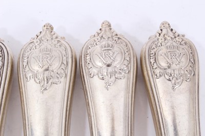 Lot 48 - Six Late 19th/early 20th Century German Silver Dinner Knives with steel blades, Rococo pattern handles, from the Royal Prussian Collection, each cast on one side with the Royal Prussian Eagle and t...