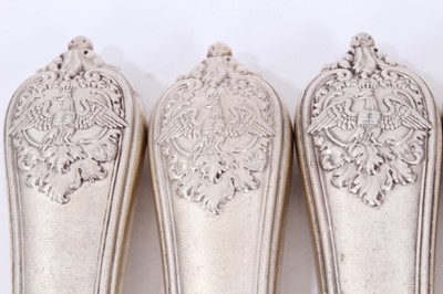 Lot 48 - Six Late 19th/early 20th Century German Silver Dinner Knives with steel blades, Rococo pattern handles, from the Royal Prussian Collection, each cast on one side with the Royal Prussian Eagle and t...