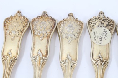 Lot 49 - Twelve late 19th/early20th century German Silver-Gilt Dessert Forks, Rococo pattern, from the Royal Prussian Collection, each piece cast and chased on one side with the Royal Prussian Eagle and rev...