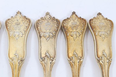 Lot 49 - Twelve late 19th/early20th century German Silver-Gilt Dessert Forks, Rococo pattern, from the Royal Prussian Collection, each piece cast and chased on one side with the Royal Prussian Eagle and rev...