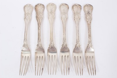Lot 50 - Six mid 19th century German Silver Dinner Forks, Modified Kings pattern with fluted stems and foliate terminals, from the Royal Prussian Collection, each cast and chased with raised WR monogram wit...