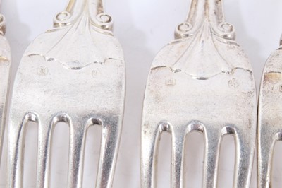 Lot 51 - Six mid 19th Century German Silver Dinner Forks, Modified Kings pattern with fluted stems and foliate terminals, from the Royal Prussian Collection, each cast and chased with raised WR monogram wit...