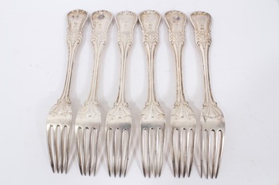Lot 52 - Six mid 19th Century German Silver Dinner Forks, Modified Kings pattern with fluted stems and foliate terminals, from the Royal Prussian Collection, each cast and chased with raised WR monogram wit...
